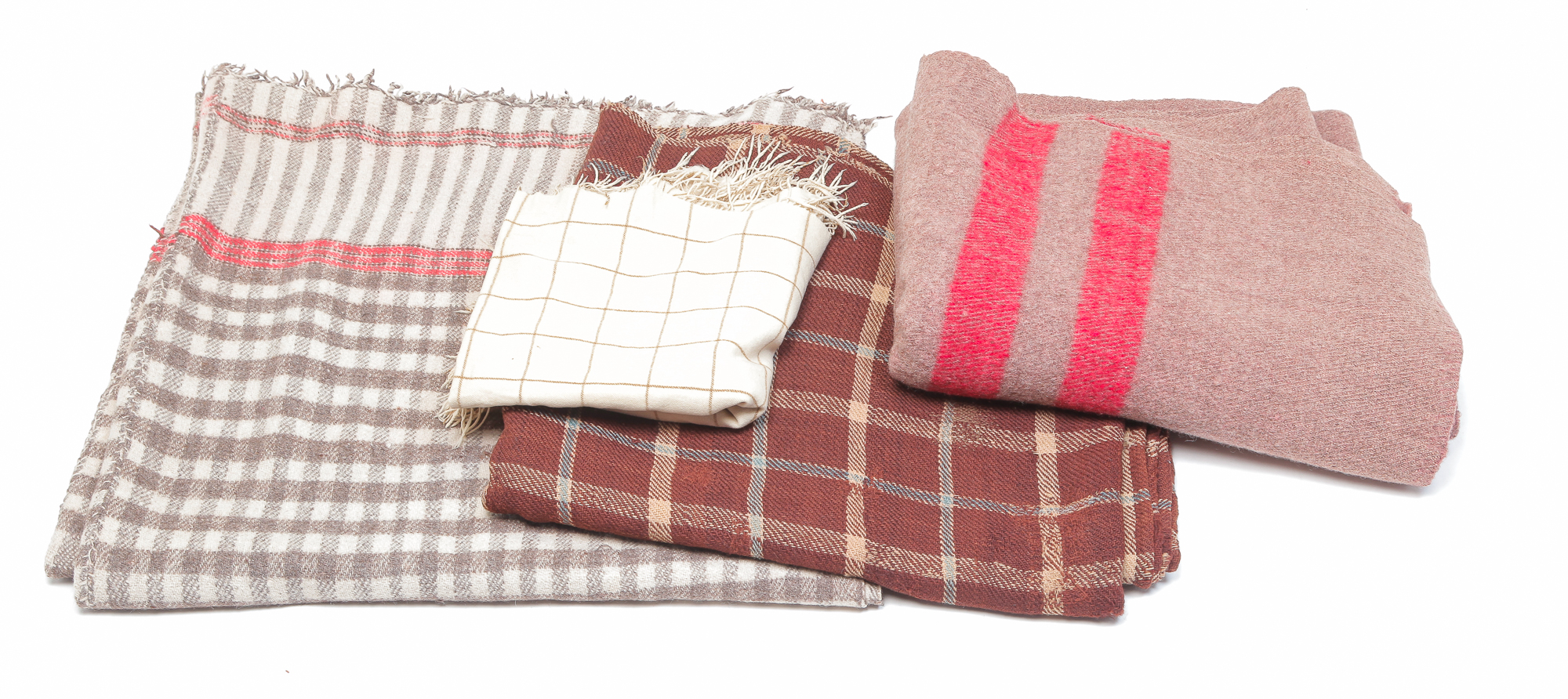 Appraisal: FOUR AMERICAN WOOL BLANKETS Twentieth century Mauve with red stripe