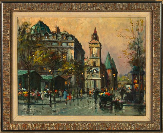 Appraisal: French School Mid- th Century Parisian Flower Market oil on