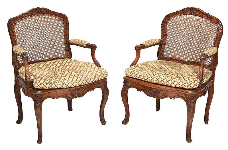 Appraisal: Pair Louis XV Caned Beechwood Open Armchairs French th century