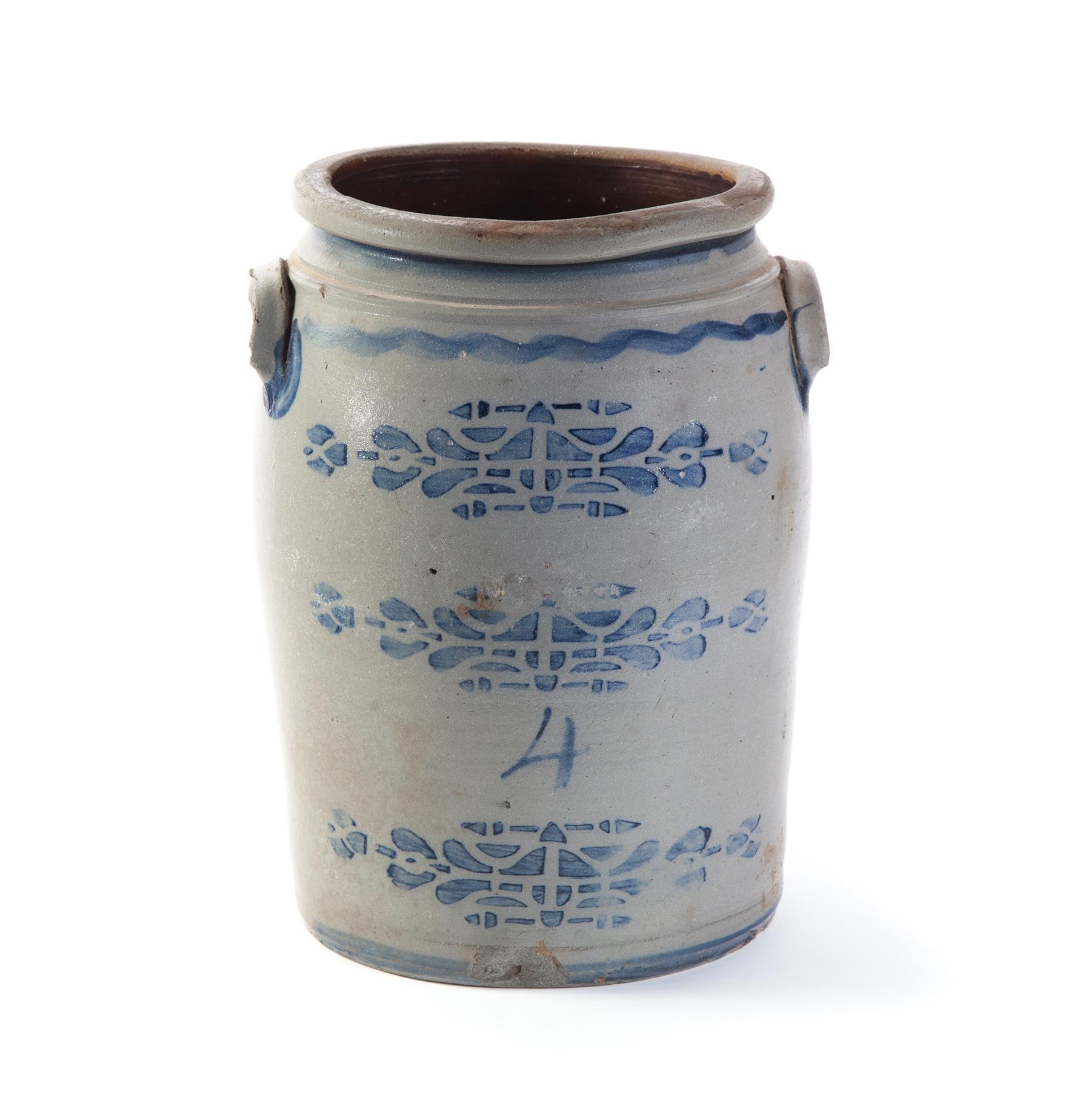 Appraisal: AMERICAN STONEWARE CROCK Mid th century Interesting stenciled cobalt designs