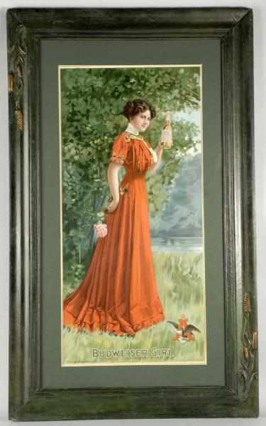 Appraisal: Framed Budweiser Girl Advertising Poster Description Dated Image of beautiful