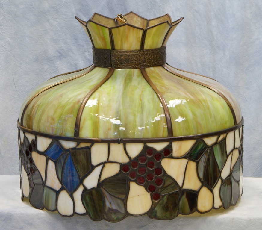 Appraisal: Leaded and paneled stained glass hanging dome light fruit pattern