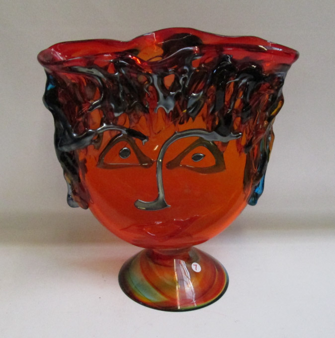 Appraisal: MURANO ART GLASS FOOTED VASE stylized face and hair design