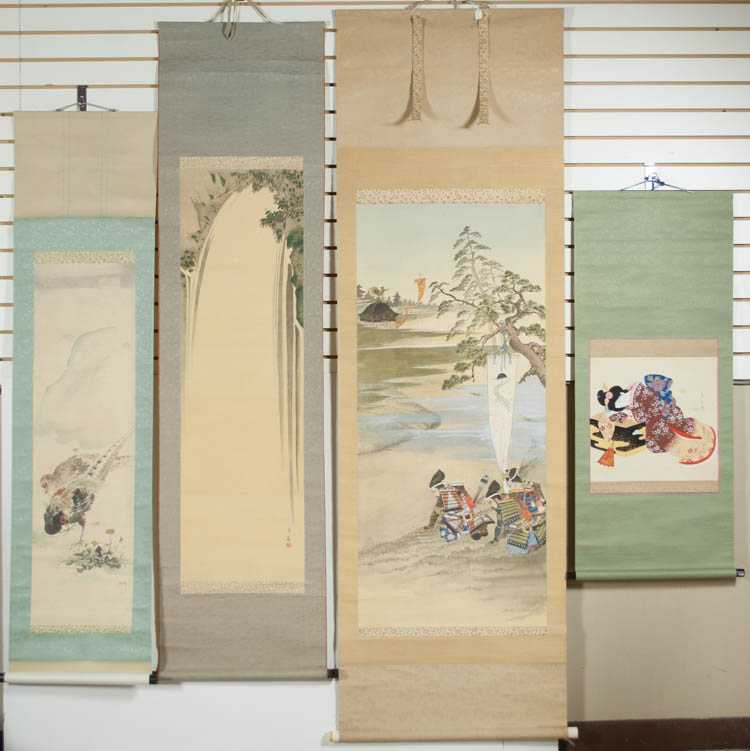 Appraisal: FOUR JAPANESE HAND PAINTED SCROLLS a waterfall soldiers on a