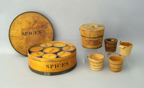 Appraisal: Six pcs of woodenware to include a spice box and