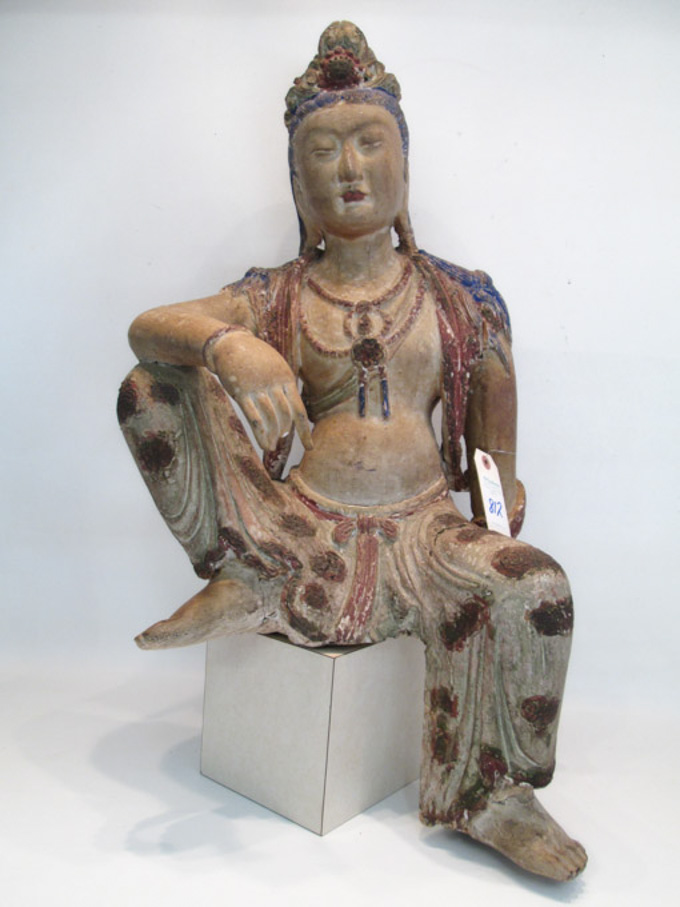 Appraisal: CHINESE CARVED AND PAINTED WOOD SCULPTURE a Northern Song Dynasty