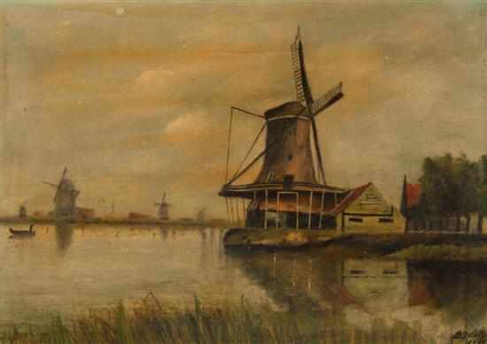 Appraisal: Dutch School early th century Landscape with Windmills oil on