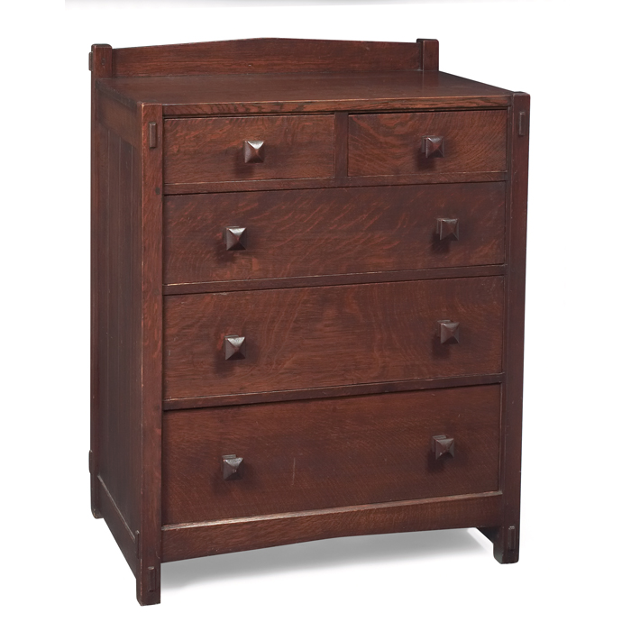 Appraisal: Gustav Stickley chest of drawers early form withpeaked rail over