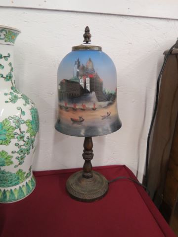 Appraisal: Bronzed Lamp with Painted Glass Shade Venetian scene tall not