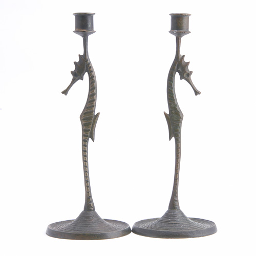 Appraisal: E T HURLEY Pair of bronze figural seahorse candlesticks Good