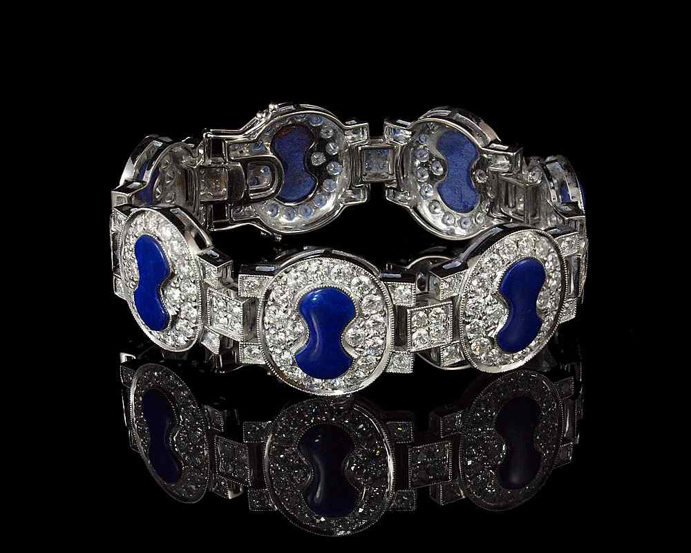 Appraisal: K DIAMOND AND LAPIS LAZULI BRACELET k white gold wide