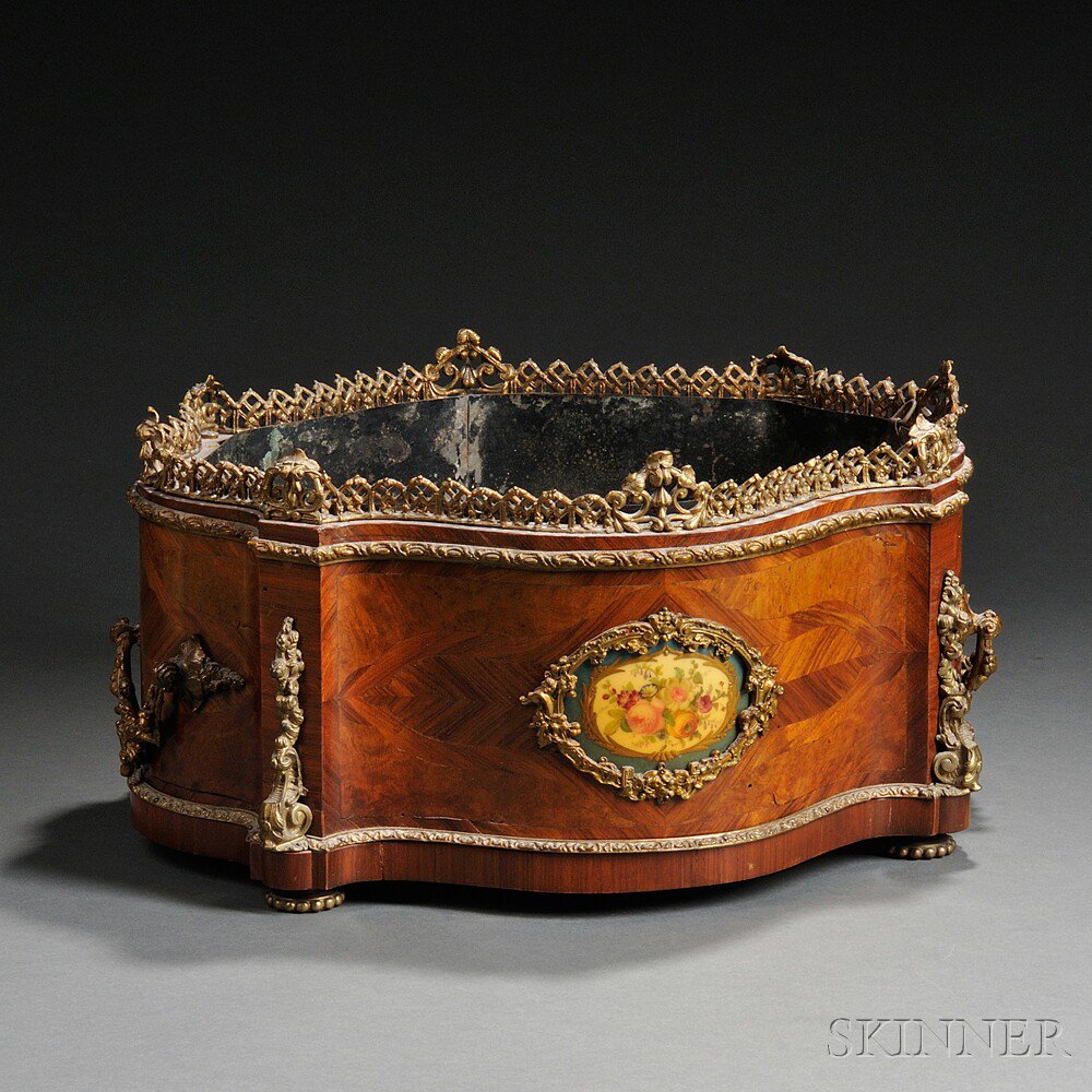 Appraisal: Ormolu-mounted Tulipwood and Burlwood Parquetry Jardiniere early th century turtle-top