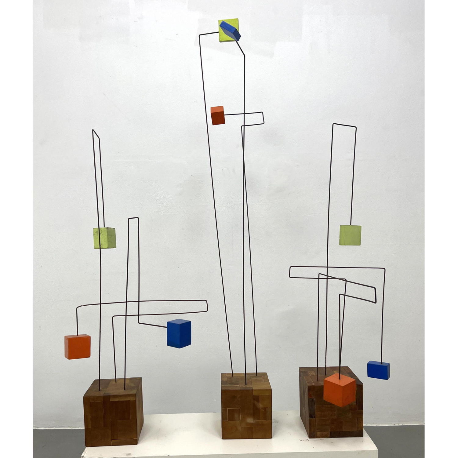 Appraisal: Collection Modernist Abstract Sculptures Butcher Block Cube Bases support Angular