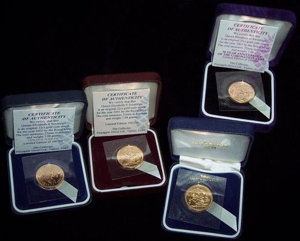 Appraisal: Four gold sovereigns boxed and