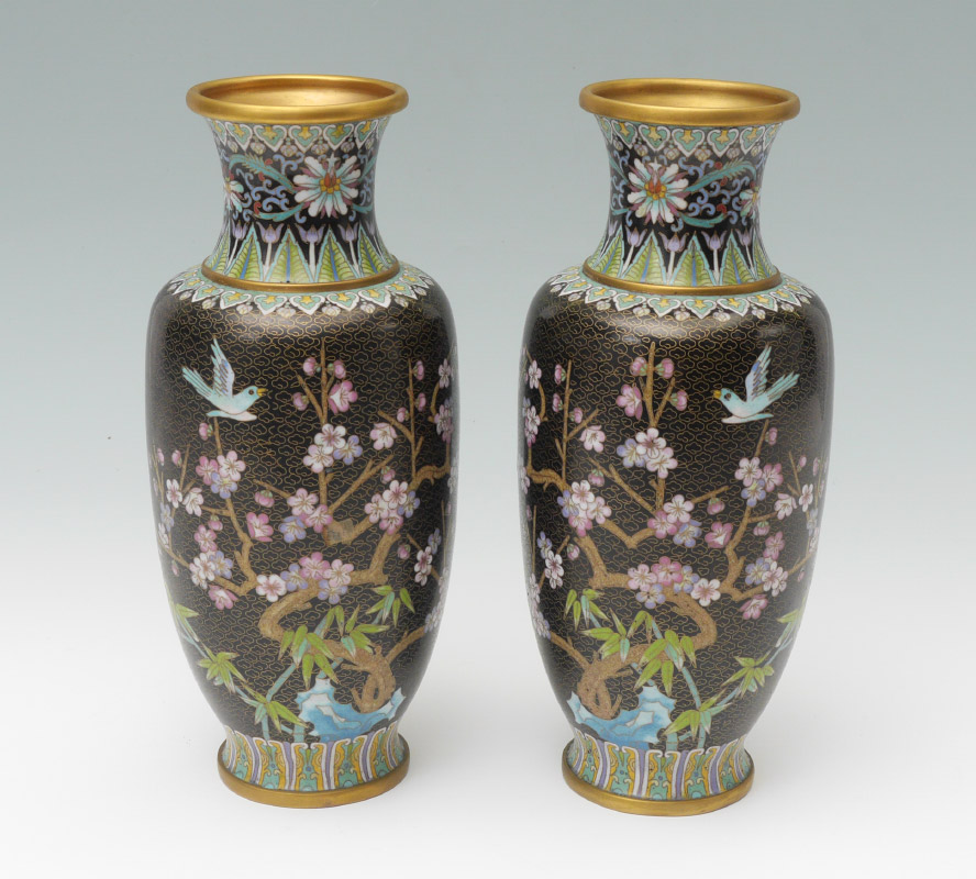 Appraisal: PAIR OF BLACK CLOISONNE BALUSTER FORM VASES Nicely detailed with