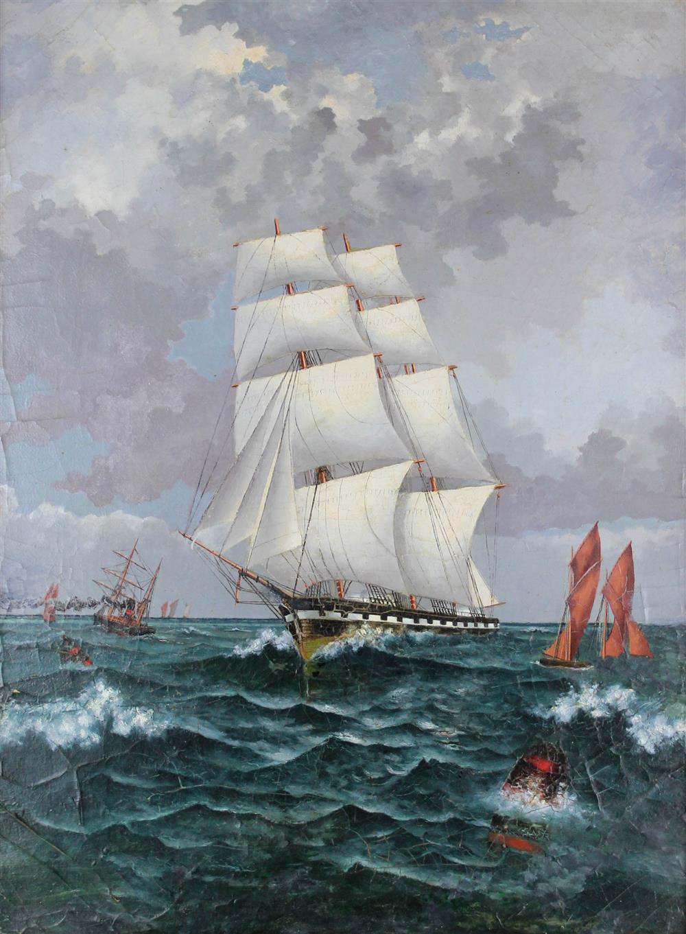 Appraisal: AMERICAN SCHOOL TH CENTURY TALLSHIP OFF THE COAST Oil on