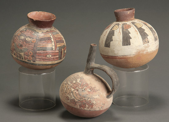 Appraisal: Three Pre-Columbian Polychrome Globular Vessels Peru Nasca Culture - A