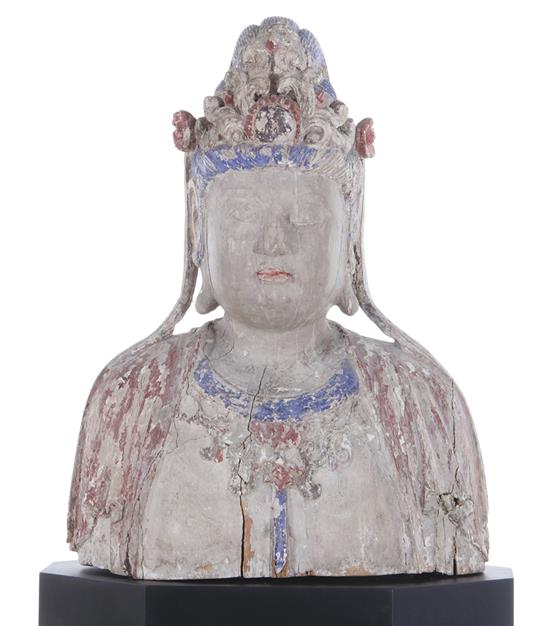 Appraisal: Chinese polychrome carved wood bust of Guanyin Qing dynasty on