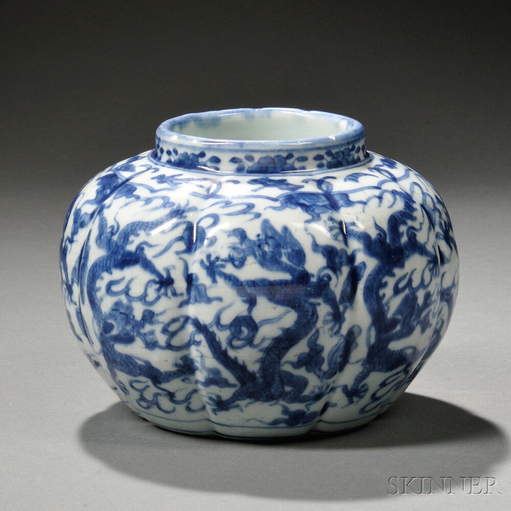 Appraisal: Blue and White Lobed Jar China decorated with dragon motifs