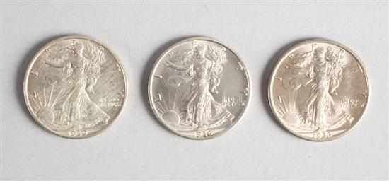 Appraisal: Three United States Walking Liberty silver half dollars - comprising