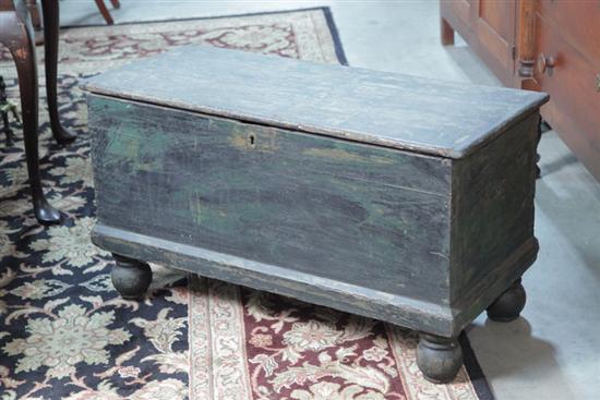 Appraisal: BLUE PAINTED BLANKET CHEST Case with dovetail construction resting atop