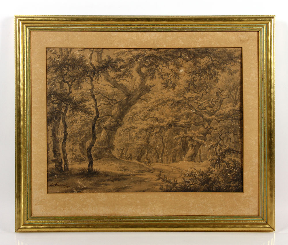 Appraisal: - Koekkoek Forest with Hunter and Dogs Pencil and Wash