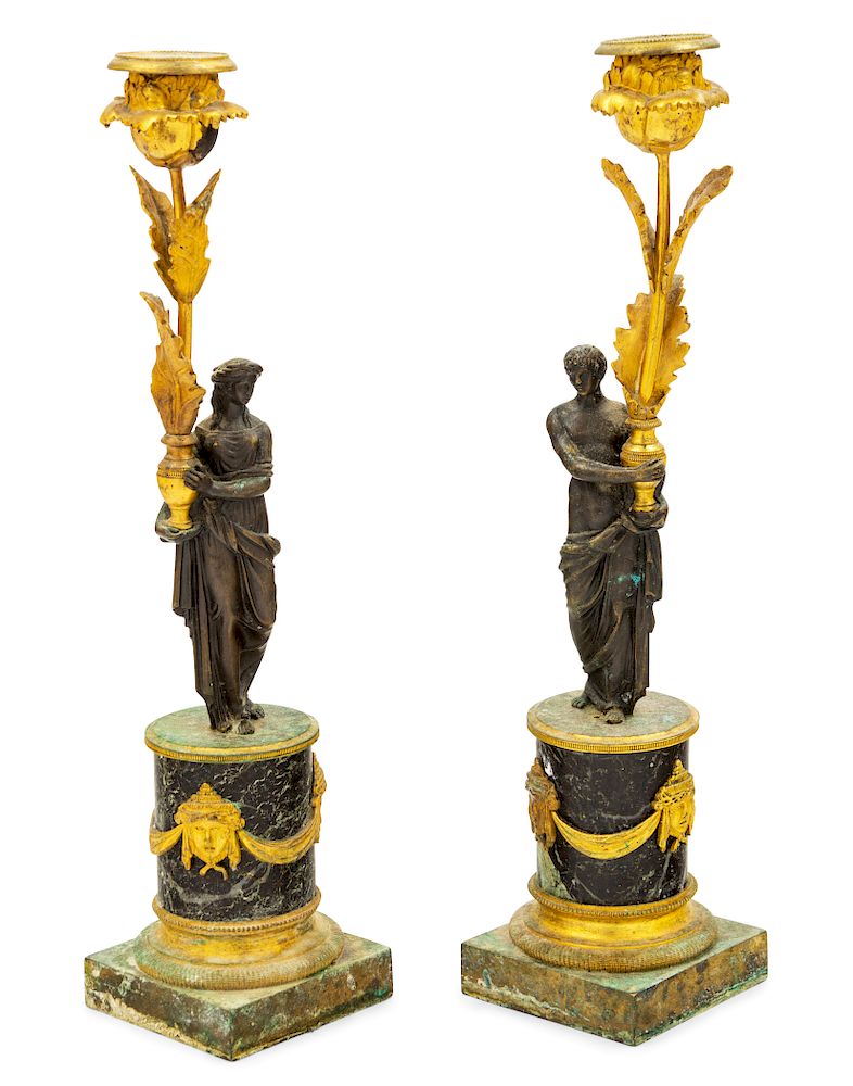 Appraisal: A Pair of Empire Style Gilt Bronze and Marble Candlesticks