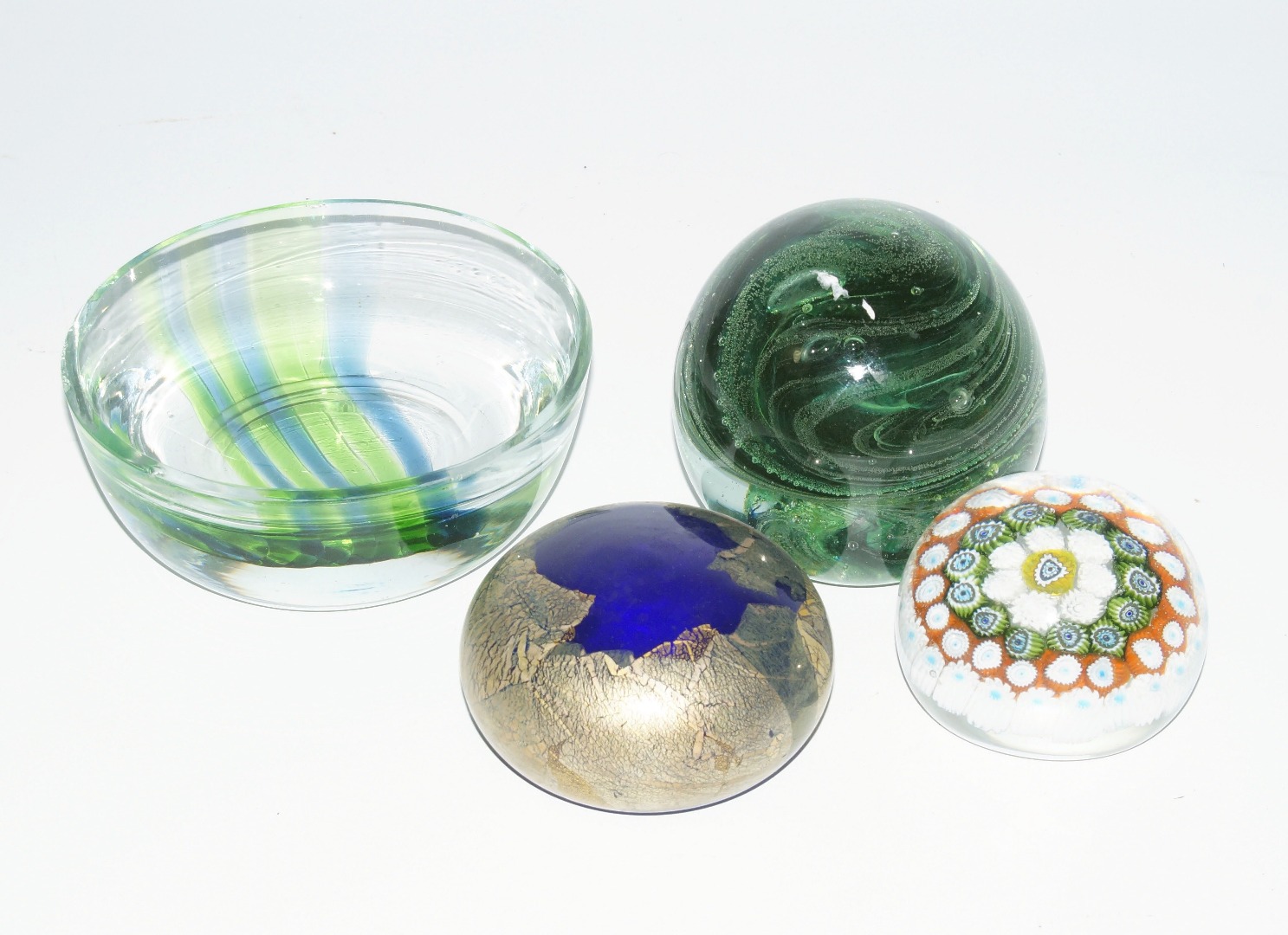 Appraisal: Paperweights and glass dish being a Kerry glass green swirl