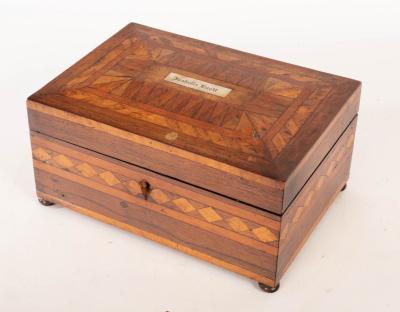 Appraisal: A th Century rosewood and parquetry workbox the hinged cover