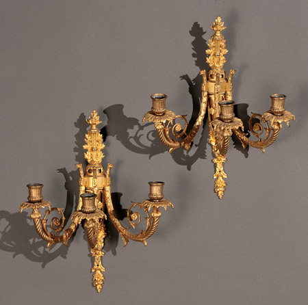 Appraisal: Pair of Victorian Ormolu Three-Light Sconces Last Quarter th Century