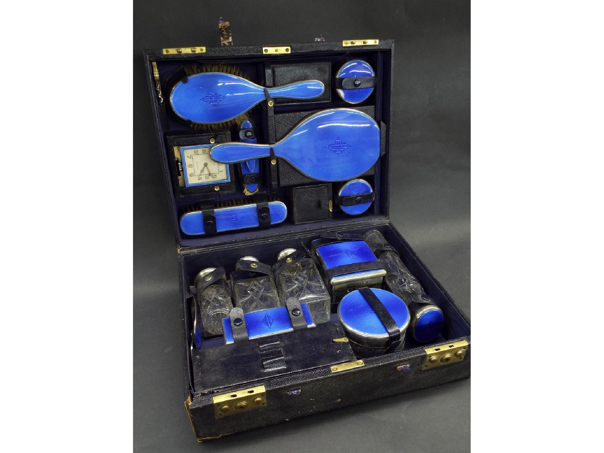 Appraisal: Quality Asprey of London dressing set decorated with blue enamel