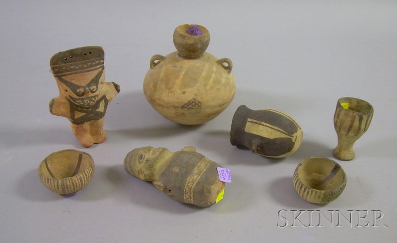 Appraisal: Seven Chancay Pottery Items two painted figural items ht to