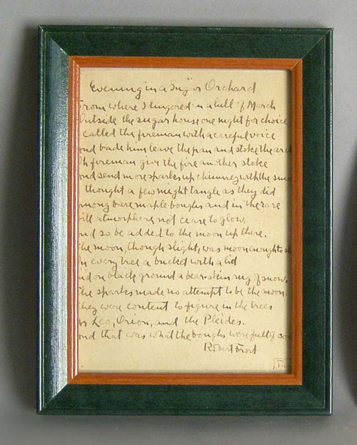 Appraisal: Robert Frost hand written and signed poem titled Evening in