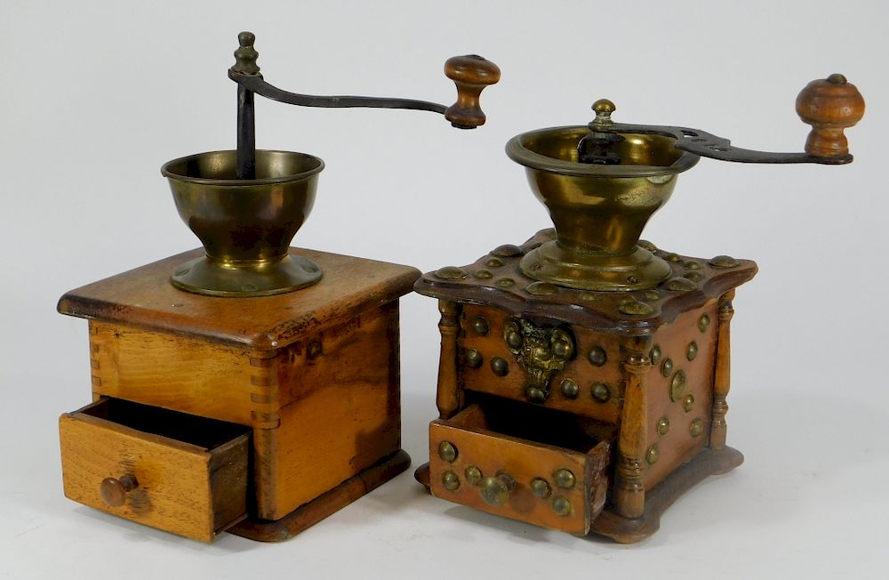 Appraisal: PC Wood Brass Table Top Coffee Mill Grinders United States