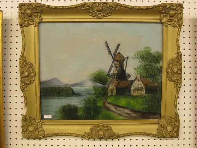 Appraisal: Reverse Painting on Glass ''Old Mill House'' with windmill image