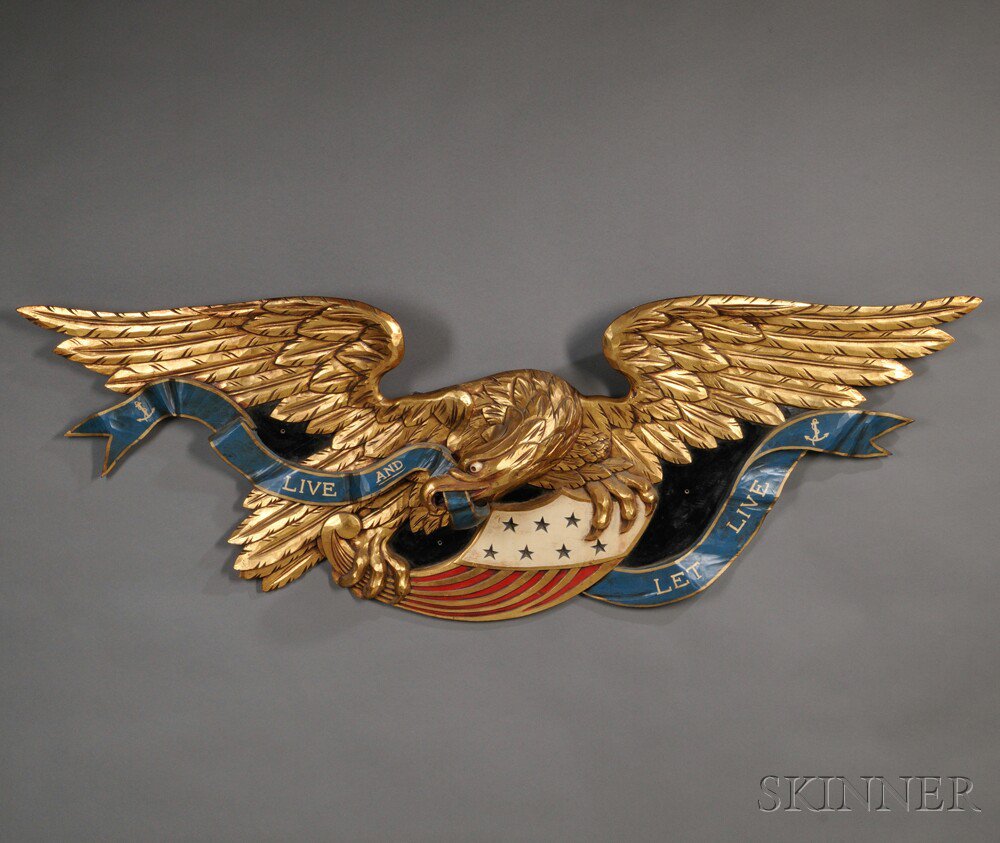 Appraisal: Large Carved Gilded and Painted Wooden Federal Eagle Wall Plaque