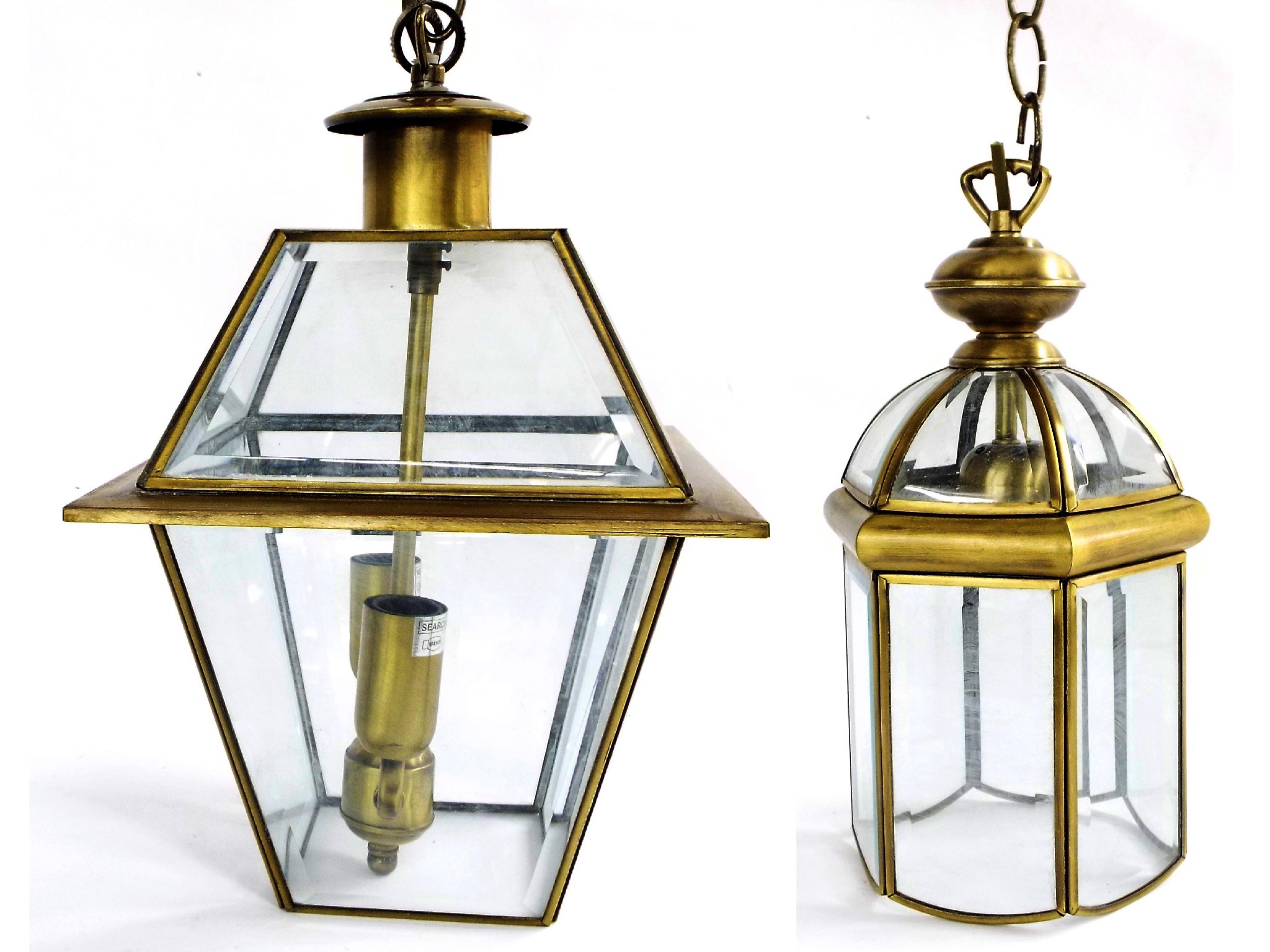 Appraisal: Brass twin branch hall lantern of tapered cube form fitted