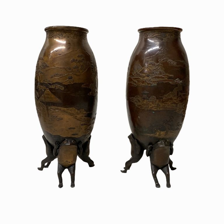 Appraisal: Japanese Bronze Vases With Frogs Japanese Bronze Vases With Frogs