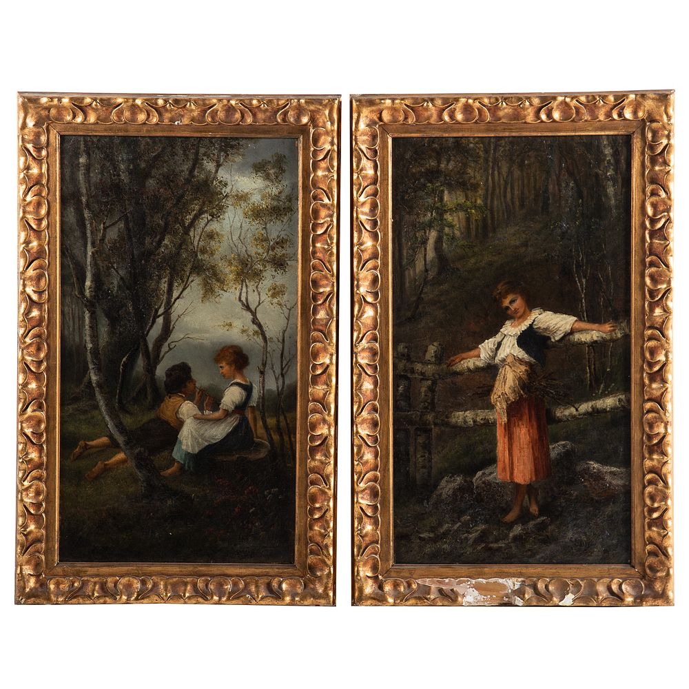 Appraisal: Artist Unknown c Idyllic Scenes oils Pair of oils on