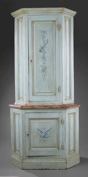 Appraisal: An Antique Louis XV-Style Bleu Peinte Corner Cabinet the molded