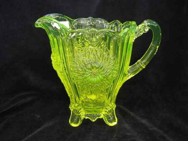 Appraisal: Vaseline Art Glass Pitcher '' chrysanthemum decor excellent