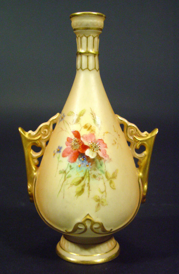 Appraisal: Royal Worcester miniature vase with pierced handles hand painted with