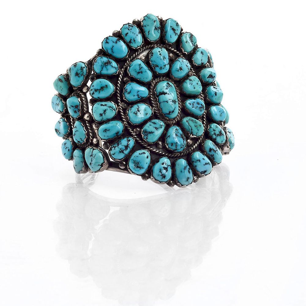 Appraisal: ESTHER SPENCER NAVAJO SILVER TURQUOISE CLUSTER BRACELET Cuff bracelet with