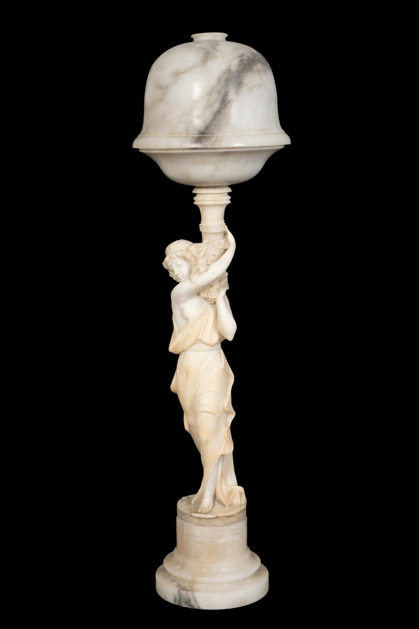 Appraisal: ALABASTER LAMP STANDING FEMALE W FLORAL COLUMN Italian School Summer