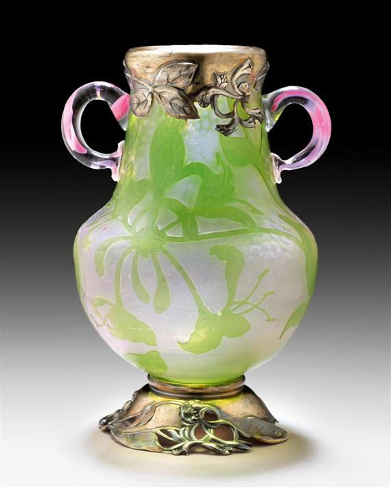 Appraisal: DAUM NANCY VASE circa Hammered acid-etched white glass with green