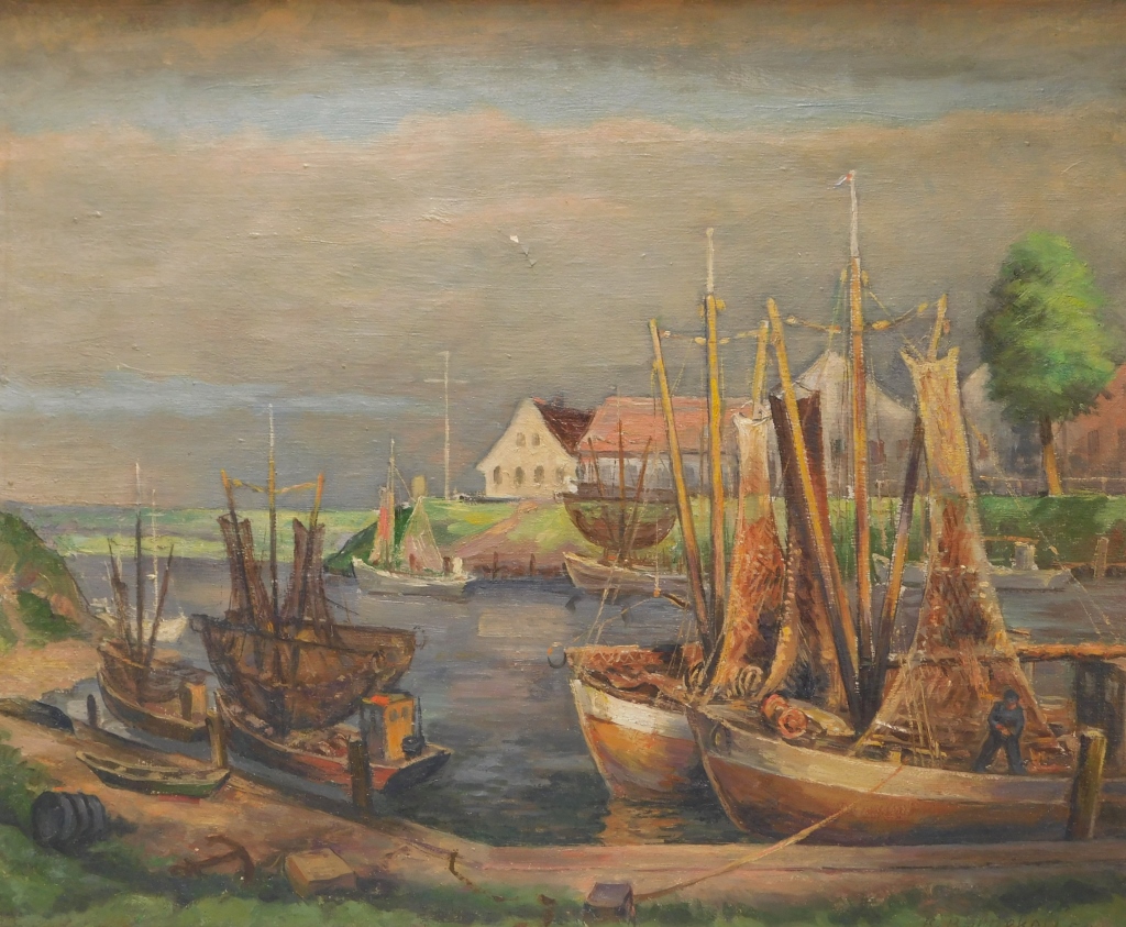 Appraisal: ROBERT BARNEKOW IMPRESSIONIST HARBOR PAINTING Denmark - Depicts a busy