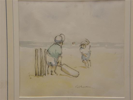 Appraisal: th century watercolour two children playing cricket h w in