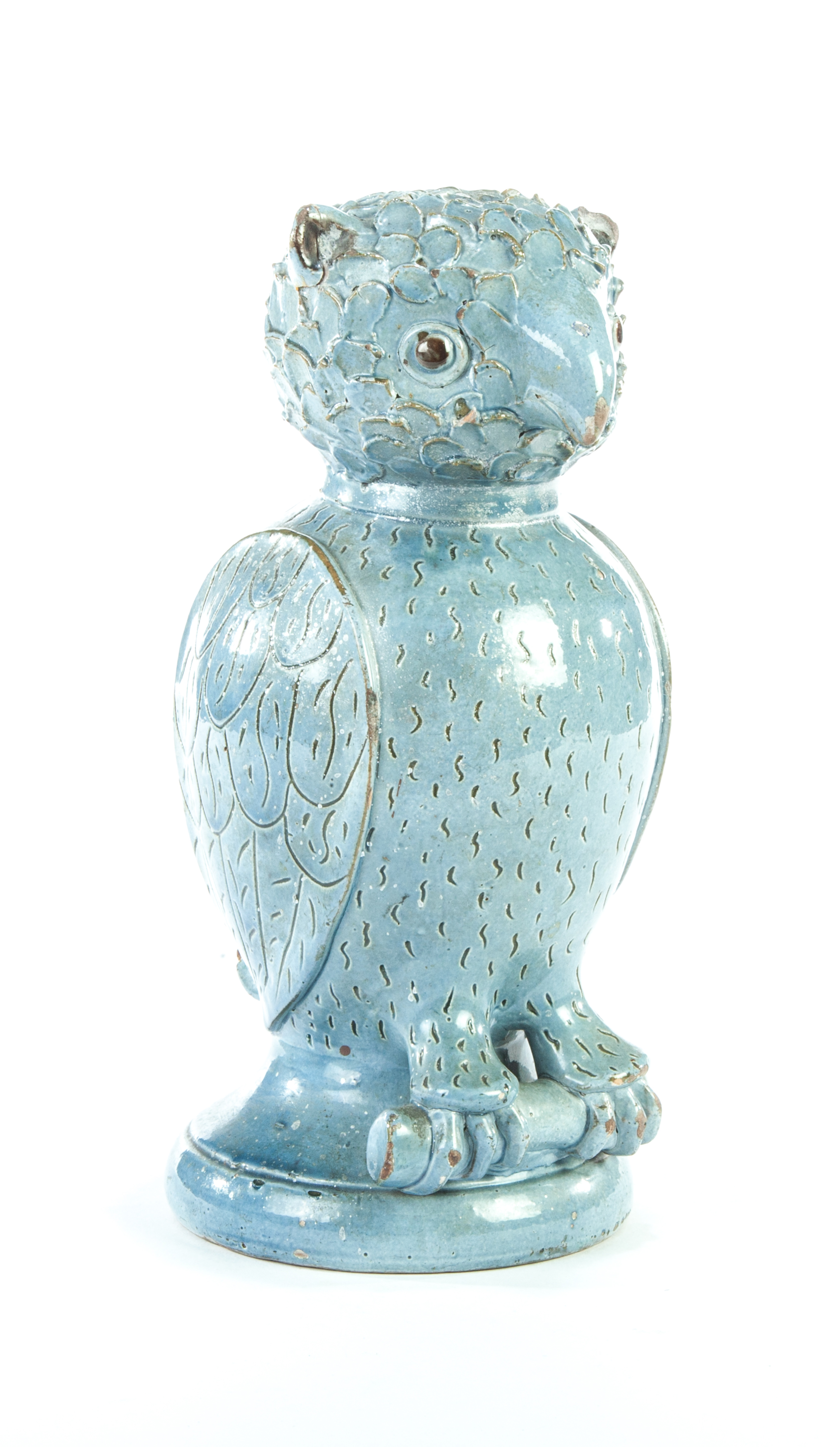 Appraisal: FOLKSY POTTERY OWL BANK Probably American th century Blue glaze