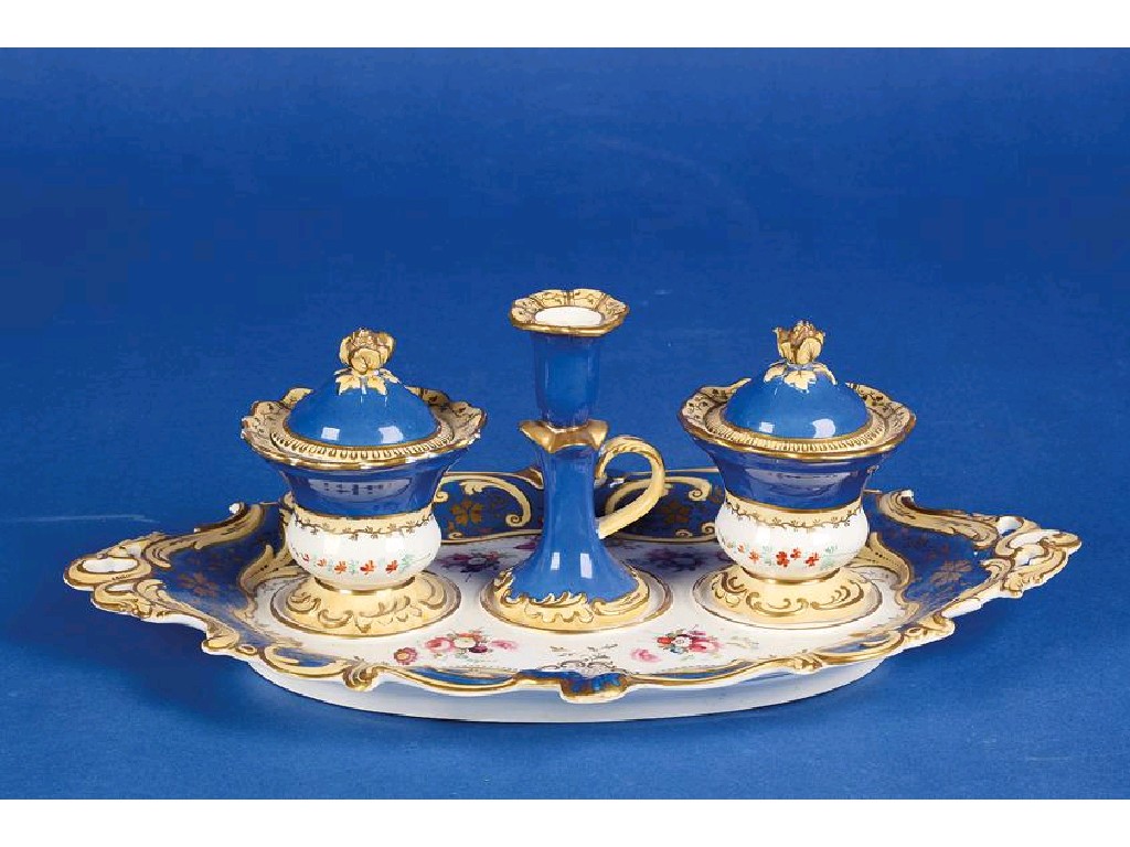 Appraisal: A TH CENTURY STAFFORDSHIRE INK STAND decorated with royal blue