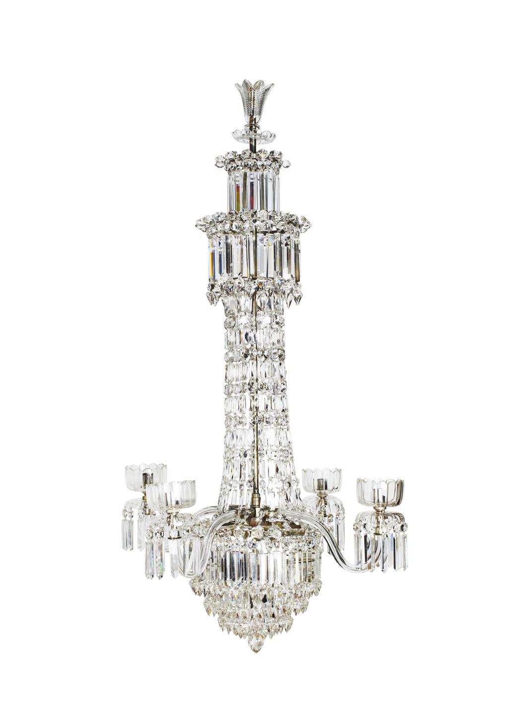 Appraisal: VICTORIAN CUT GLASS FOUR LIGHT WATERFALL CHANDELIER ATTRIBUTED TO F